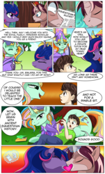 Size: 1800x2971 | Tagged: safe, artist:candyclumsy, oc, oc:king speedy hooves, oc:princess sincere scholar, oc:queen galaxia (bigonionbean), oc:tommy the human, alicorn, human, pony, comic:fusing the fusions, comic:mlp: education reform, artificial alicorn, butt, butt pillow, comic, commissioner:bigonionbean, cute, cutie mark, dialogue, eyes closed, female, fusion, fusion:big macintosh, fusion:cheerilee, fusion:flash sentry, fusion:ms. harshwhinny, fusion:princess cadance, fusion:princess celestia, fusion:princess luna, fusion:shining armor, fusion:spitfire, fusion:trixie, fusion:trouble shoes, fusion:twilight sparkle, glowing horn, hooves, horn, human oc, kissing, levitation, magic, male, mare, open mouth, plot, prone, romantic, stallion, telekinesis, the ass was fat, wings, writer:bigonionbean