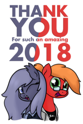 Size: 1072x1604 | Tagged: safe, artist:moonatik, oc, oc only, oc:moonatik, oc:selenite, bat pony, 2018, 2019, bat pony oc, clothes, female, glasses, hair bun, happy new year 2019, hoodie, long hair, long mane, male, mare, shirt, simple background, stallion, text, thank you, transparent background