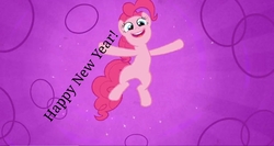 Size: 1366x729 | Tagged: safe, derpibooru exclusive, edit, edited screencap, screencap, pinkie pie, earth pony, pony, g4, the one where pinkie pie knows, caption, complex background, female, happy new year 2019, image macro, mare, meme, new year, purple background, solo, text