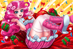 Size: 2000x1333 | Tagged: safe, artist:racoonsan, pinkie pie, human, g4, anime, boots, clothes, cute, diapinkes, female, happy new year, happy new year 2019, holiday, humanized, magic skirt, nail polish, ponk, shoes, skirt, smiling, socks, solo, thigh highs, thigh socks, thighs, upskirt denied, year of the pig, zettai ryouiki