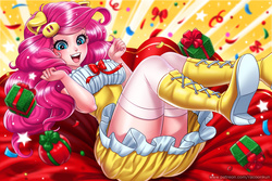 Size: 2000x1333 | Tagged: safe, alternate version, artist:racoonsan, pinkie pie, human, g4, anime, beautiful, boots, clothes, cute, diapinkes, dress, female, happy, happy new year, happy new year 2019, high heel boots, holiday, humanized, nail polish, open mouth, ponk, shoes, skirt, smiling, socks, solo, thigh highs, thighs, year of the pig, zettai ryouiki