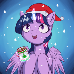 Size: 1837x1837 | Tagged: safe, artist:danli69, twilight sparkle, alicorn, pony, g4, christmas, cute, female, hat, holiday, mug, santa hat, snow, snowfall, solo, twiabetes, twilight sparkle (alicorn)