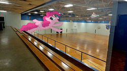 Size: 500x281 | Tagged: safe, artist:anthony60617, pinkie pie, earth pony, pony, g4, bench, gym, happy, irl, jumping, lions anjou, montreal, photo, ponies in real life, school, école secondaire anjou