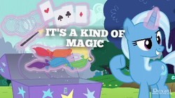 Size: 479x269 | Tagged: safe, edit, edited screencap, screencap, trixie, pony, g4, a kind of magic, female, magic, queen, queen (band), solo, song reference, text