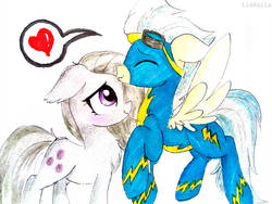Size: 1032x774 | Tagged: safe, artist:liaaqila, marble pie, wind waker, g4, clothes, crack shipping, cute, female, forehead kiss, goggles, kissing, male, pictogram, shipping, simple background, straight, traditional art, uniform, white background, wonderbolts uniform