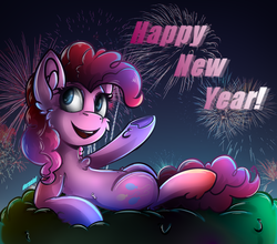 Size: 1423x1252 | Tagged: safe, artist:deraniel, pinkie pie, earth pony, pony, g4, 2019, cutie mark, female, fireworks, happy new year, holiday, mare, solo, tree, underhoof