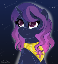 Size: 1095x1199 | Tagged: safe, artist:ipandacakes, oc, oc only, oc:damascus, pony, unicorn, bust, female, looking up, magical lesbian spawn, mare, meteor, night, offspring, parent:princess luna, parent:tempest shadow, parents:tempestluna, portrait, solo