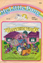 Size: 593x861 | Tagged: safe, official comic, majesty, surprise, whizzer, wind whistler, earth pony, pegasus, pony, sea pony, unicorn, comic:my little pony (g1), g1, book, cover, dressup, female, happy hooves, happy new year, holiday, locket the pony naut, paradise estate, spacesuit