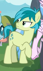 Size: 278x461 | Tagged: safe, screencap, ocellus, sandbar, silverstream, changedling, changeling, classical hippogriff, earth pony, hippogriff, pony, g4, non-compete clause, cropped, cutie mark, female, male, offscreen character, sandbar is not amused