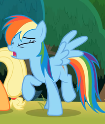 Size: 578x677 | Tagged: safe, screencap, applejack, rainbow dash, pegasus, pony, g4, non-compete clause, cropped, cutie mark, eyes closed, female, invisible stallion, mare, offscreen character, out of context, raised hoof, wings