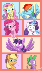 Size: 1917x3269 | Tagged: safe, artist:mickeymonster, applejack, fluttershy, pinkie pie, rainbow dash, rarity, spike, twilight sparkle, alicorn, dragon, earth pony, pegasus, pony, unicorn, g4, cowboy hat, expressions, eyelid pull, female, freckles, glowing horn, hat, horn, lipstick, magic, mane seven, mane six, mare, one eye closed, silly face, smiling, spread wings, stetson, twilight sparkle (alicorn), wings, wink