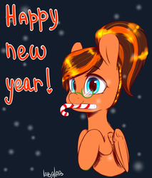 Size: 2048x2400 | Tagged: safe, artist:labglab, oc, oc only, oc:pumpkin swirl, pegasus, pony, rcf community, blue eyes, candy, candy cane, cute, female, food, glasses, high res, mare, new year, ocbetes, solo