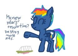 Size: 1280x917 | Tagged: safe, artist:nightshadowmlp, rainbow dash, demon pony, pony, g4, secrets and pies, adorapiehater, cherry pie (food), cute, evil pie hater dash, female, food, implied pie destruction, new year's eve, new year's resolution, pie, pie tin, pure unfiltered evil, simple background, solo, squashed, text, transparent background, upside down