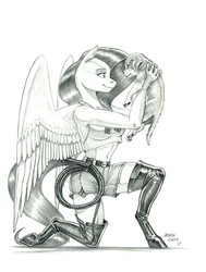 Size: 1000x1325 | Tagged: safe, artist:baron engel, fluttershy, dog, pegasus, anthro, unguligrade anthro, g4, boots, clothes, female, grayscale, looking at each other, mare, midriff, monochrome, pencil drawing, puppy, shoes, shorts, simple background, sketch, smiling, tank top, thigh boots, traditional art, whip, white background