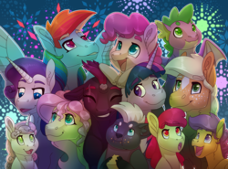 Size: 3508x2600 | Tagged: safe, artist:jackiebloom, apple bloom, applejack, fluttershy, grubber, pinkie pie, rainbow dash, rarity, scootaloo, spike, sweetie belle, tempest shadow, twilight sparkle, dragon, earth pony, pegasus, pony, unicorn, g4, my little pony: the movie, beanbrows, broken horn, coat markings, cutie mark crusaders, ear fluff, eye reflection, eye scar, eyebrows, eyebrows visible through hair, eyes closed, facial markings, female, filly, fireworks, foal, happy new year 2019, high res, horn, male, mane seven, mane six, mare, new year, reflection, scar, star (coat marking), winged spike, wings