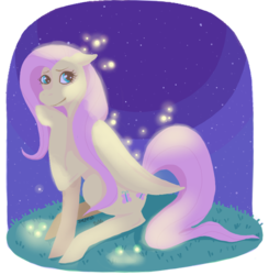 Size: 557x568 | Tagged: safe, artist:denkis, fluttershy, firefly (insect), pegasus, pony, g4, cute, female, floppy ears, lineless, night, shyabetes, sitting, solo, stars