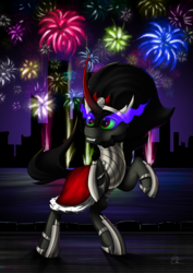 Size: 905x1280 | Tagged: safe, artist:calena, king sombra, pony, unicorn, g4, 2019, armor, city, crown, cute, evil, fireworks, grin, happy new year, holiday, implied manehattan, jewelry, male, regalia, smiling, solo, sombradorable