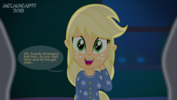 Size: 3999x2249 | Tagged: safe, artist:metalhead97, applejack, alien, comic:applejack gets anal probed, equestria girls, g4, breasts, clothes, dark, footed sleeper, freckles, high res, nervous, nervous laugh, pajamas, scared, show accurate, speech bubble, this will end in probing