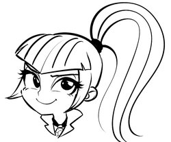 Size: 809x671 | Tagged: safe, artist:rileyav, sonata dusk, equestria girls, bust, female, lineart, looking at you, monochrome, portrait, simple background, sketch, smiling, smirk, solo, white background