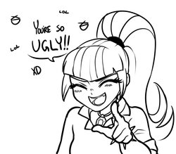Size: 1565x1368 | Tagged: safe, artist:rileyav, sonata dusk, equestria girls, g4, bust, eyes closed, female, insult, laughing, lineart, lol, monochrome, pointing, pointing at you, portrait, simple background, sketch, solo, white background, xd
