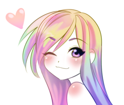 Size: 671x565 | Tagged: safe, artist:rileyav, rainbow dash, human, g4, bust, cute, dashabetes, eye clipping through hair, female, heart, humanized, looking at you, one eye closed, portrait, simple background, solo, white background, wink