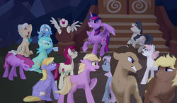 Size: 1280x745 | Tagged: safe, artist:rutkotka, berry punch, berryshine, cloud kicker, coco crusoe, doctor whooves, lyra heartstrings, mayor mare, nurse redheart, octavia melody, roseluck, time turner, trixie, twilight sparkle, alicorn, earth pony, pegasus, pony, unicorn, g4, female, male, mare, stallion, twilight sparkle (alicorn)