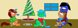 Size: 3904x1404 | Tagged: safe, oc, oc:blazewing, oc:maggie, oc:pecan sandy, oc:tough cookie, pegasus, pony, unicorn, christmas, christmas tree, chubby, clothes, cookie, cute, eating, eyes closed, female, food, happy, hearth's warming, holiday, hug, male, mare, plate, plump, smiling, snow, snuggling, stallion, sweater, tree, window, winter