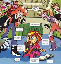 Size: 977x1024 | Tagged: safe, idw, captain planet, cloudy kicks, indigo wreath, sunflower (g4), sunset shimmer, teddy t. touchdown, equestria girls, g4, spoiler:comic, abuse, anon-a-miss, apple bloom is a duck, bully, bullying, crying, offscreen character, sad, shimmerbuse, sunsad shimmer, this will end in school shooting