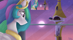 Size: 4043x2234 | Tagged: safe, artist:alicetriestodraw, princess celestia, princess luna, alicorn, pony, g4, princess twilight sparkle (episode), evening, female, folded wings, frown, glowing horn, horn, jewelry, mare, moon, pensive, regalia, scene interpretation, sky, standing, stars, tower, twilight (astronomy), window