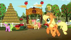 Size: 1280x720 | Tagged: safe, screencap, applejack, daisy, flower wishes, gala appleby, granny smith, parasol, earth pony, pony, g4, the super speedy cider squeezy 6000, apple, apple family member, apple tree, applejack's hat, barrel, cider, cowboy hat, cute, female, fence, food, hat, jackabetes, looking up, mare, open mouth, silly, silly pony, stetson, tankard, tree