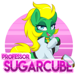 Size: 986x954 | Tagged: safe, artist:sickly-sour, oc, oc only, oc:professor sugarcube, earth pony, pony, clothes, collar, gloves, goggles, lab coat, looking at you, open mouth, professor, scientist, solo, text, yellow hair