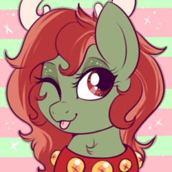 Size: 350x350 | Tagged: safe, artist:lulubell, oc, oc only, oc:withania nightshade, earth pony, pony, antlers, bell, bell collar, collar, icon, one eye closed, reindeer antlers, solo, tongue out, wink