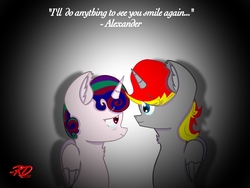 Size: 2048x1536 | Tagged: safe, alternate version, artist:rubydeluxe, oc, oc only, oc:holly dance, oc:rd, alicorn, pony, alicorn oc, colored, crying, digital art, embrace, female, horn, love, male, quote, shading, signature, simple background, wings