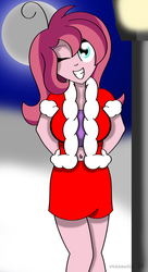 Size: 1087x2000 | Tagged: safe, artist:crazautiz, oc, oc only, oc:contralto, equestria girls, g4, belly button, christmas, equestria girls-ified, female, full moon, hands behind back, holiday, lamppost, midriff, moon, night, one eye closed, smiling, solo, wink