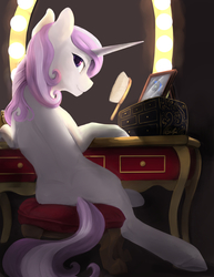 Size: 1020x1320 | Tagged: safe, artist:silfoe, fleur-de-lis, oc, oc only, pony, unicorn, g4, backlighting, brush, commission, female, looking at you, looking back, looking back at you, mare, mirror, missing cutie mark, solo, vanity