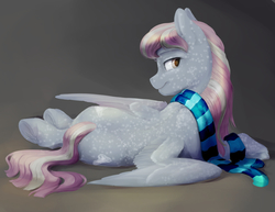 Size: 3300x2550 | Tagged: safe, artist:silfoe, oc, oc only, oc:frostline, pegasus, pony, clothes, commission, female, gray background, high res, mare, scarf, simple background, solo, underhoof
