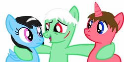 Size: 1023x512 | Tagged: safe, artist:volcanicdash, oc, oc:789, oc:ramai, oc:smashpro, pegasus, pony, unicorn, series:memebusters, base used, friendship, headband, hoof around neck, hug, red eyes, scar