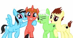 Size: 1024x531 | Tagged: safe, artist:volcanicdash, oc, oc:789, oc:ramai, oc:saur, oc:smashpro, pegasus, pony, unicorn, series:memebusters, base used, dialogue, dialogue in the description, friendship, group, one eye closed, wink