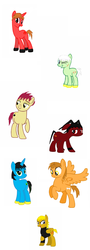 Size: 1412x3906 | Tagged: safe, artist:volcanicdash, oc, oc only, oc:789, oc:cocoa, oc:dyno, oc:golden, oc:saur, oc:shade, oc:smashpro, earth pony, pegasus, pony, unicorn, series:memebusters, base used, one eye closed, sad, simple background, white background, wink