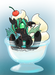 Size: 1000x1364 | Tagged: safe, artist:dudey64, oc, oc only, oc:speculo, changeling, pony, chocolate syrup, cup, cup of pony, food, green changeling, ice cream, micro, ponies in food, solo, this will end in yeast infection
