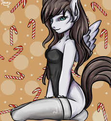Size: 1838x2000 | Tagged: safe, artist:miledie, oc, oc only, oc:cloud cover, pegasus, anthro, abstract background, anthro oc, candy, candy cane, christmas, clothes, commission, digital art, female, food, holiday, mare, signature, sitting, smiling, socks, thigh highs, ych result