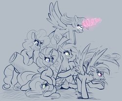 Size: 1886x1563 | Tagged: safe, artist:graphene, applejack, fluttershy, pinkie pie, rainbow dash, rarity, twilight sparkle, alicorn, earth pony, pegasus, pony, unicorn, g4, angry, crying, female, freckles, lineart, magic, mare, monochrome, open mouth, party cannon, twilight sparkle (alicorn), wings