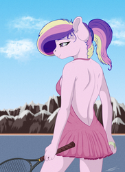 Size: 2000x2750 | Tagged: safe, artist:skitsroom, princess cadance, alicorn, anthro, g4, alternate hairstyle, clothes, dress, female, hair braid, high res, mare, missing horn, open-back dress, ponytail, smiling, solo, sports, tennis, tennis racket, wingless, wingless anthro