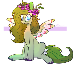 Size: 1600x1402 | Tagged: safe, artist:1racat, oc, oc only, pegasus, pony, commission, female, floral head wreath, flower, mare, signature, sitting, smiling, solo, ych result