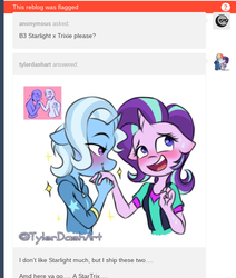 Size: 542x639 | Tagged: safe, artist:tylerdashart, starlight glimmer, trixie, unicorn, anthro, g4, blushing, clothes, equestria girls outfit, female, holding hands, jacket, kissing, lesbian, open mouth, ship:startrix, shipping, shirt, simple background, sweat, tumblr, tumblr 2018 nsfw purge, tumblr drama, white background