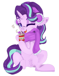 Size: 2158x2780 | Tagged: safe, artist:malicious-demi, starlight glimmer, pony, unicorn, g4, chocolate, clothes, cute, earmuffs, female, food, glimmerbetes, high res, hoof hold, hot chocolate, mare, marshmallow, mug, one eye closed, pubic fluff, scarf, simple background, sitting, solo, transparent background, wink, winter