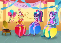 Size: 1024x725 | Tagged: safe, artist:lavenderrain24, sci-twi, starlight glimmer, sunset shimmer, twilight sparkle, equestria girls, g4, balloon, belt, bowtie, clothes, clothes swap, female, glasses, grin, hat, hopping, magical trio, mary janes, open mouth, party hat, ponytail, record player, sci-twi outfits, skirt, smiling, socks, space hopper, thighs, trio, weird fetish