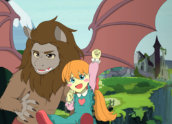 Size: 1396x1009 | Tagged: safe, artist:fantasygerard2000, megan williams, scorpan, gargoyle, equestria girls, g1, g4, my little pony equestria girls: better together, blush sticker, blushing, carrying, castle of the royal pony sisters, duo, fist pump, g1 to equestria girls, g1 to g4, generation leap, spread wings, story in the source, wings