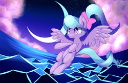 Size: 4096x2650 | Tagged: safe, artist:kawaiipony2, flitter, pegasus, pony, g4, bow, crescent moon, female, mare, moon, solo