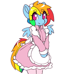 Size: 1024x1024 | Tagged: safe, artist:tolsticot, edit, rainbow dash, pegasus, pony, semi-anthro, adorasexy, animated, arm hooves, beanbrows, clothes, cute, dashabetes, dress, eyebrows, female, frame by frame, gif, idle animation, looking at you, loop, maid, mare, multicolored hair, rainbow dash always dresses in style, rainbow maid, sexy, simple background, skirt, smiling, socks, solo, squigglevision, stockings, thigh highs, tomboy taming, white background, wings